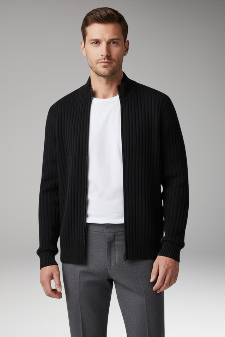 Men’s Zip Cardigan with Ribbed Surface and Front Pockets