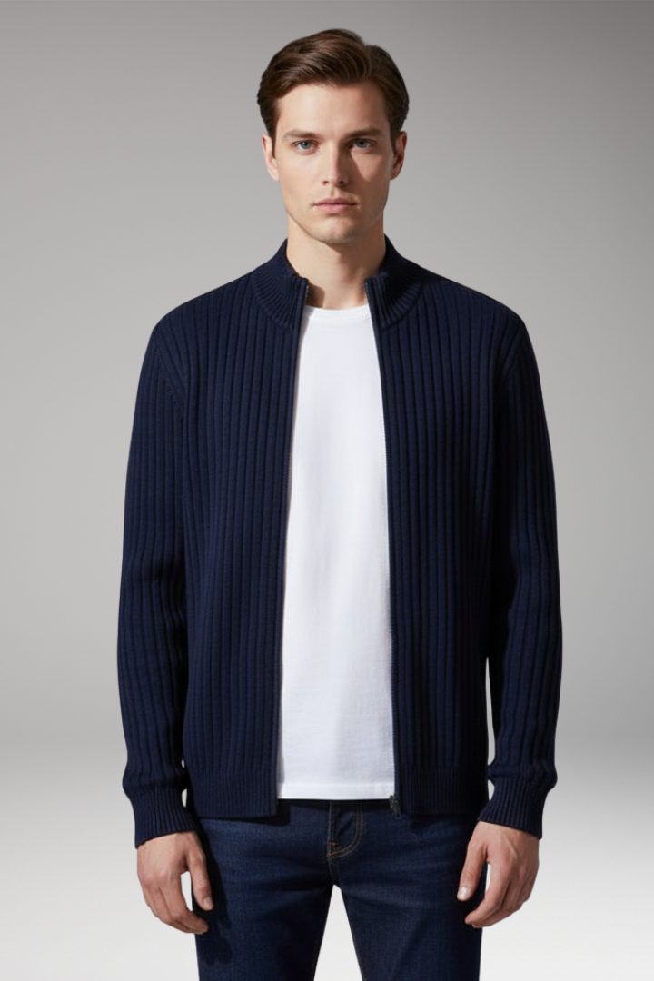 Men’s Zip Cardigan with Ribbed Surface and Front Pockets