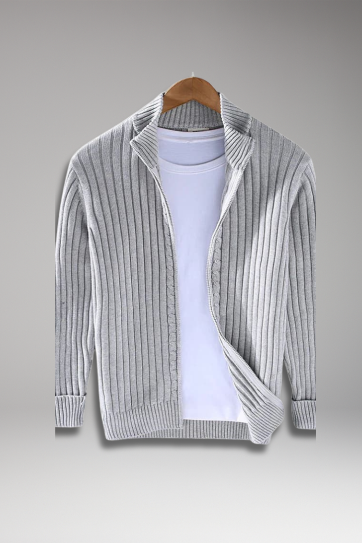 Men’s Zip Cardigan with Ribbed Surface and Front Pockets