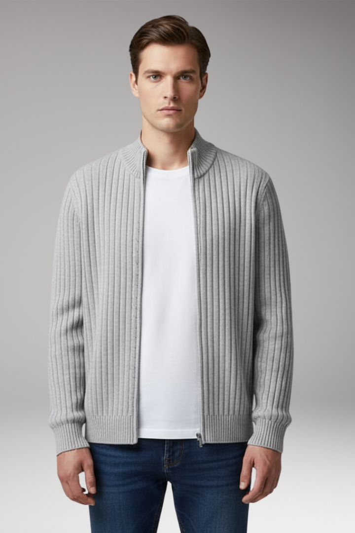Men’s Zip Cardigan with Ribbed Surface and Front Pockets