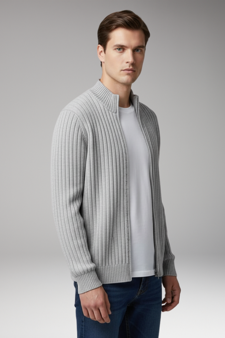 Men’s Zip Cardigan with Ribbed Surface and Front Pockets