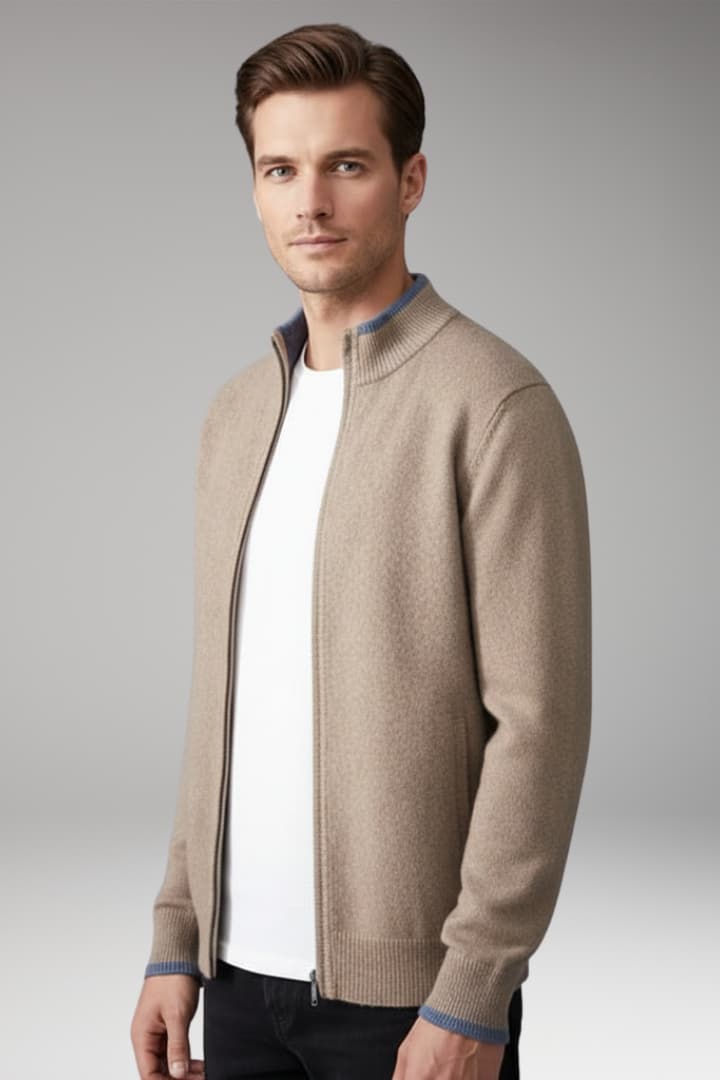 Men’s Zip Jacket with Fine-Knit Collar and Cuff Details