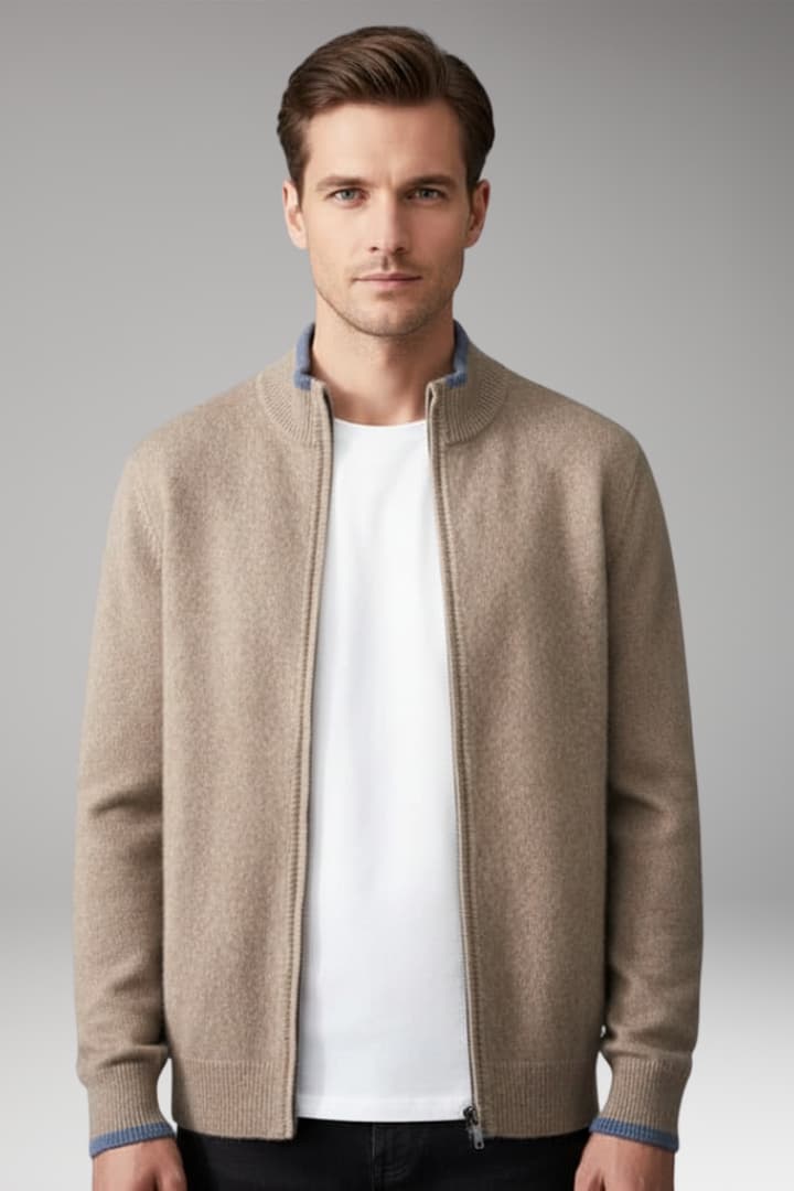 Men’s Zip Jacket with Fine-Knit Collar and Cuff Details