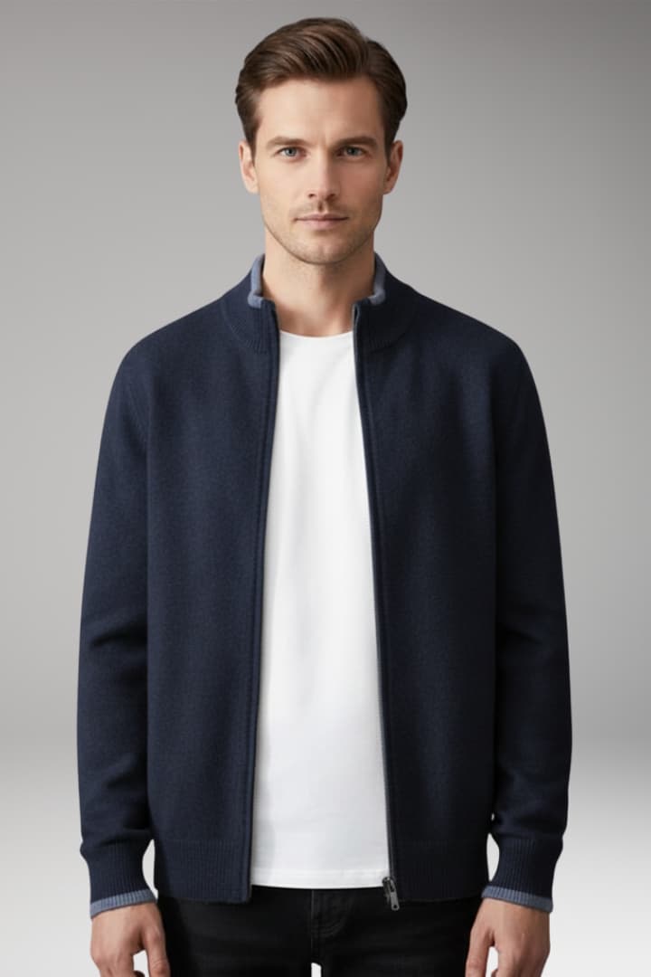 Men’s Zip Jacket with Fine-Knit Collar and Cuff Details