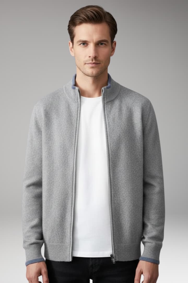 Men’s Zip Jacket with Fine-Knit Collar and Cuff Details