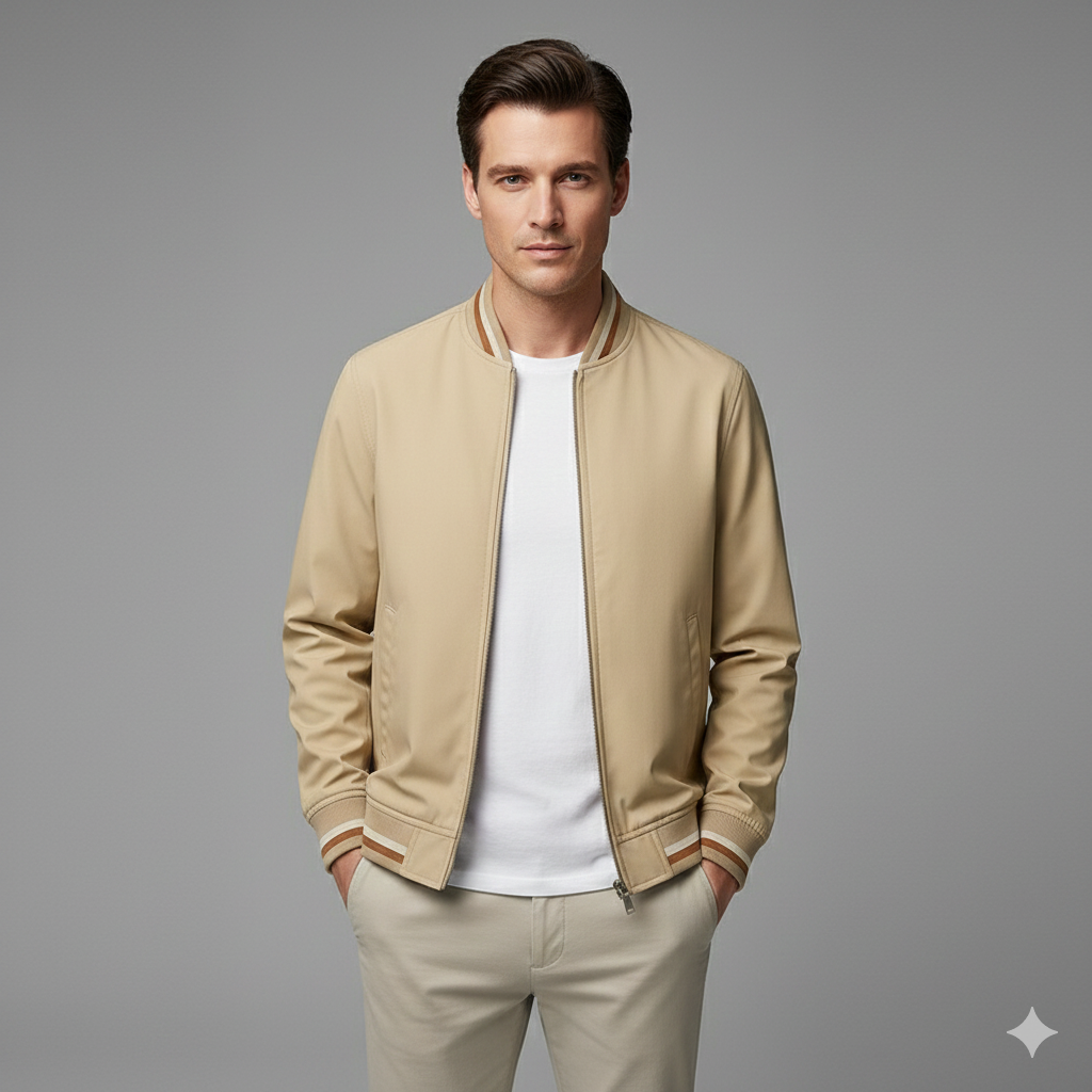 Men’s Bomber Jacket with Zip Closure and Ribbed Trim