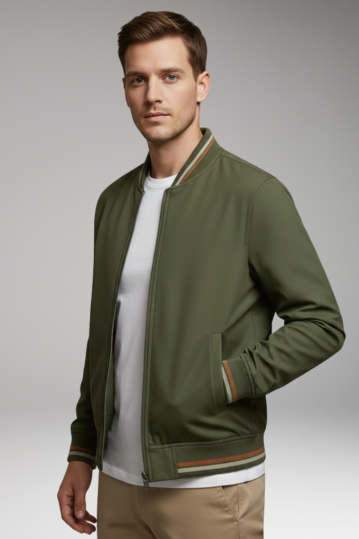 Men’s Bomber Jacket with Zip Closure and Ribbed Trim