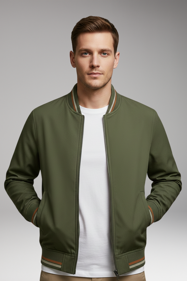Men’s Bomber Jacket with Zip Closure and Ribbed Trim