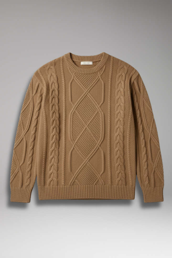 Men’s Cable Knit Jumper with Textured Pattern and Ribbed Edges