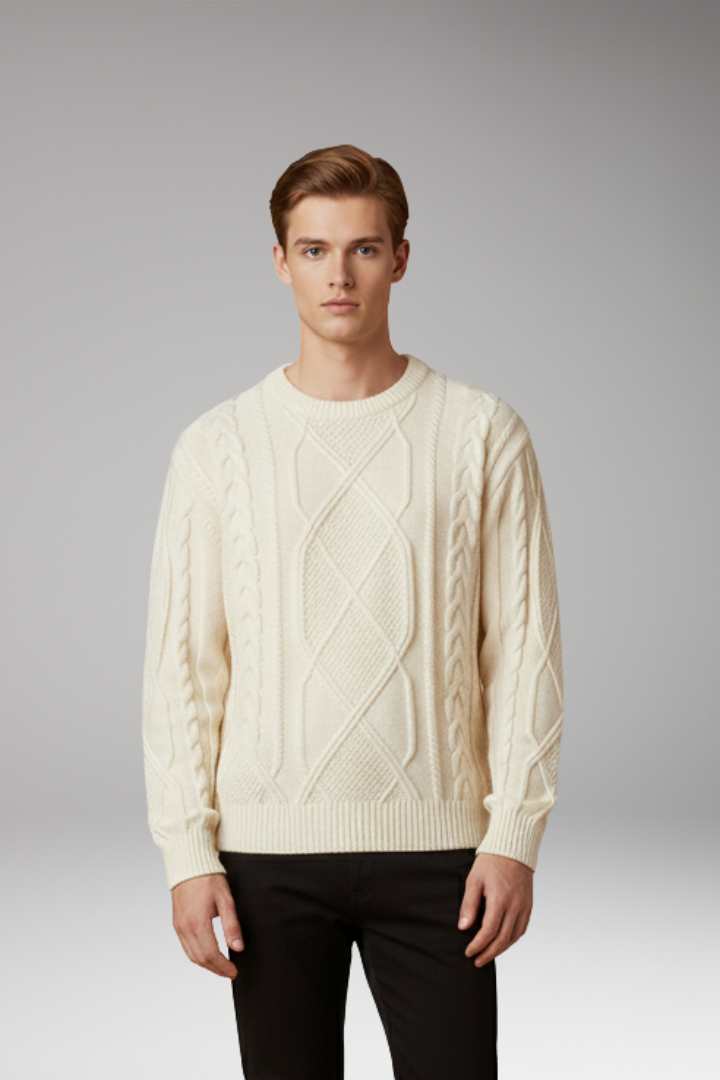 Men’s Cable Knit Jumper with Textured Pattern and Ribbed Edges