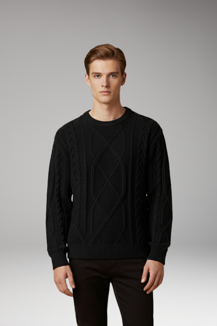 Men’s Cable Knit Jumper with Textured Pattern and Ribbed Edges