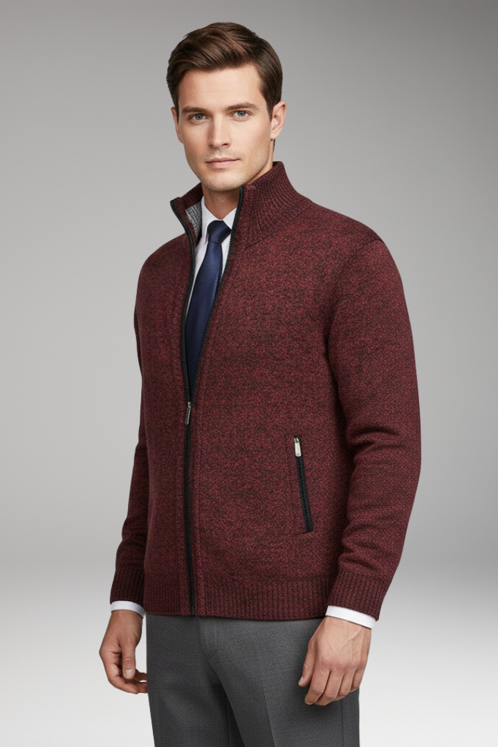 Men’s Cardigan Jumper with Stand Collar and Button Closure