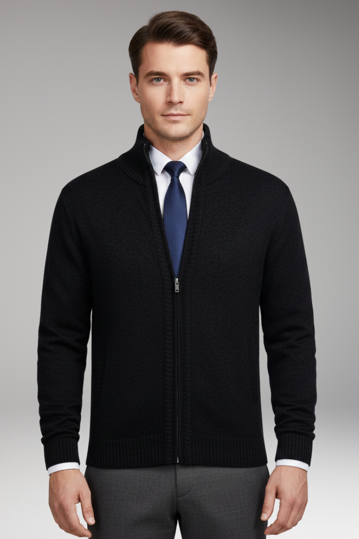 Men’s Cardigan Jumper with Stand Collar and Button Closure