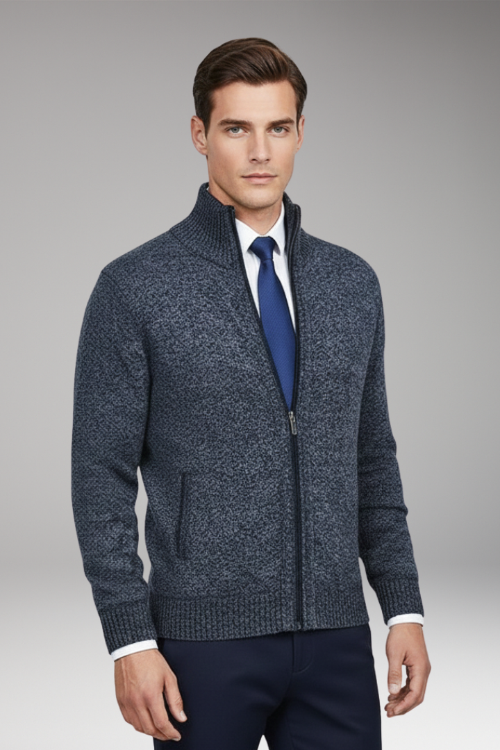 Men’s Cardigan Jumper with Stand Collar and Button Closure