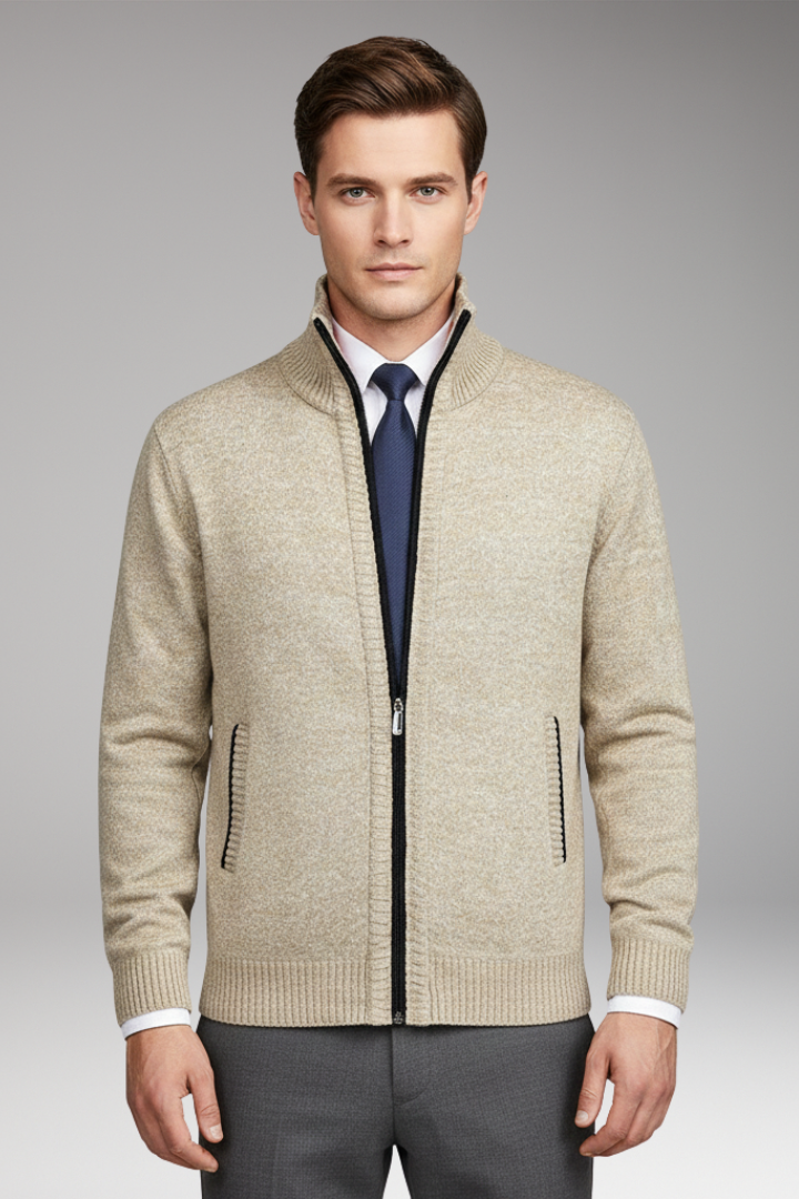 Men’s Cardigan Jumper with Stand Collar and Button Closure