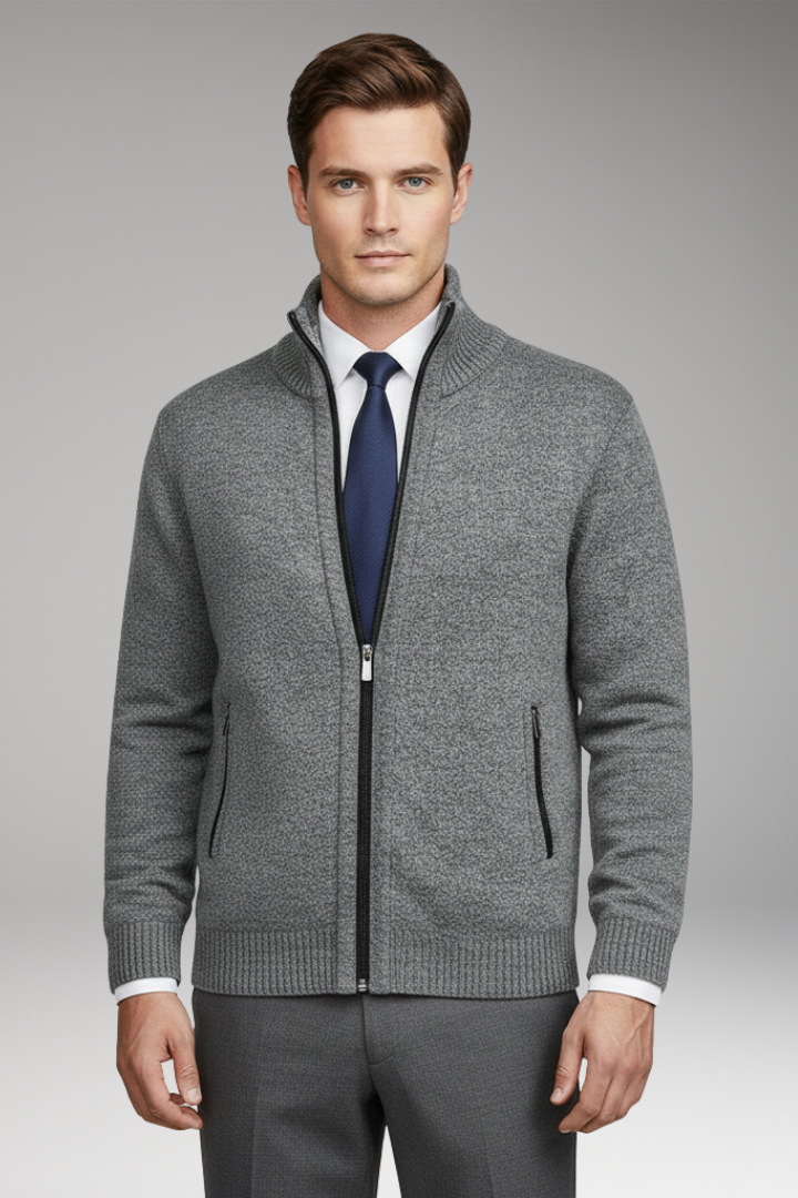 Men’s Cardigan Jumper with Stand Collar and Button Closure