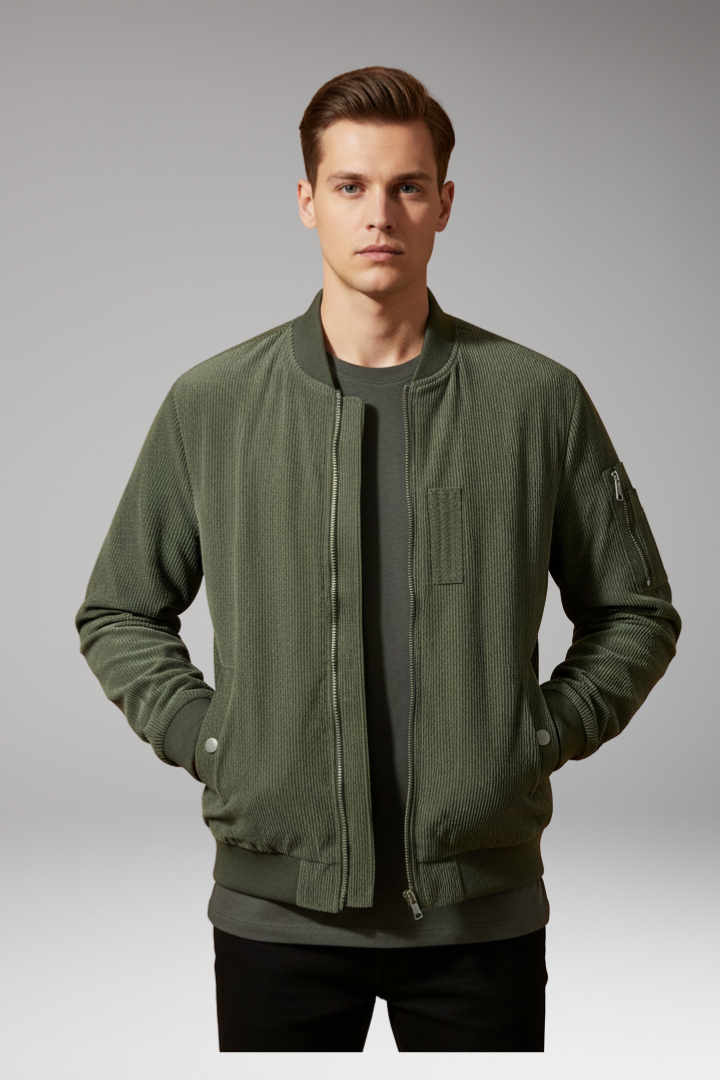 Men’s Corduroy Bomber Jacket with Utility Pocket and Ribbed Trim
