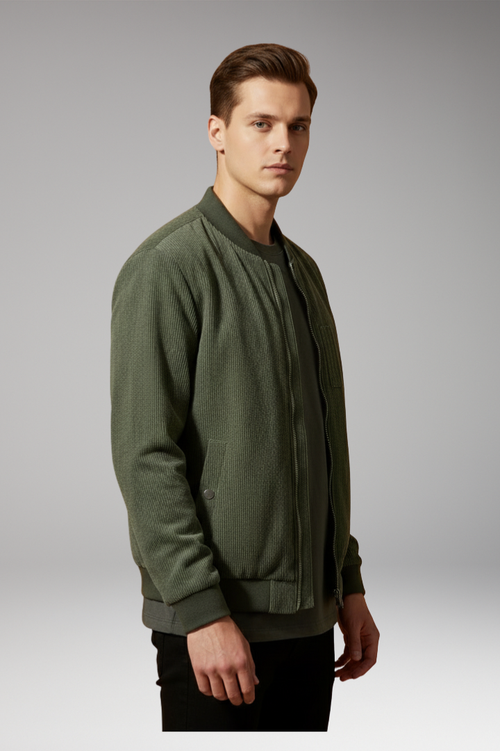 Men’s Corduroy Bomber Jacket with Utility Pocket and Ribbed Trim