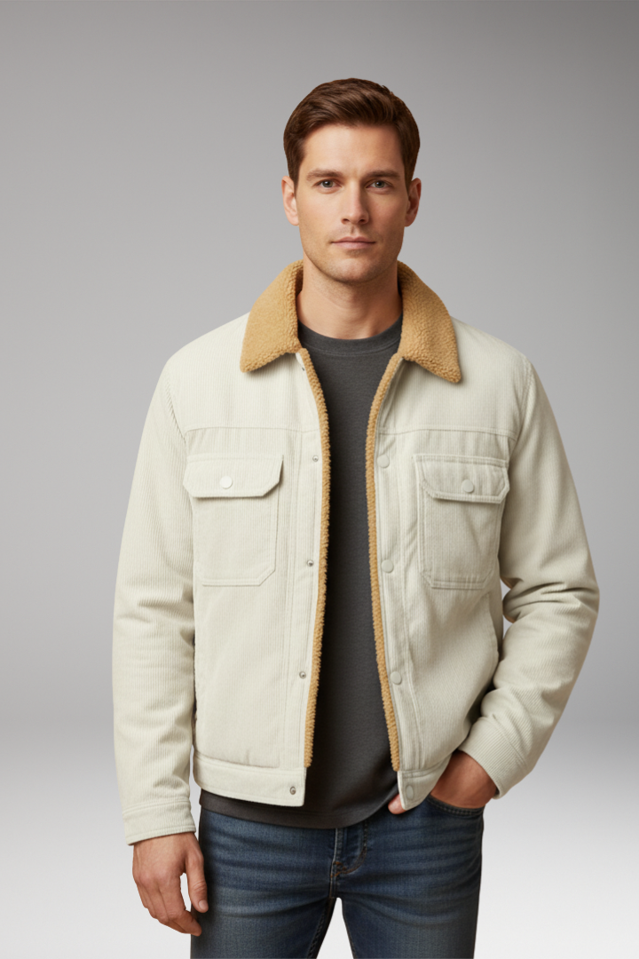 Men’s Corduroy Jacket with Fleece Lining and Snap-Button Front