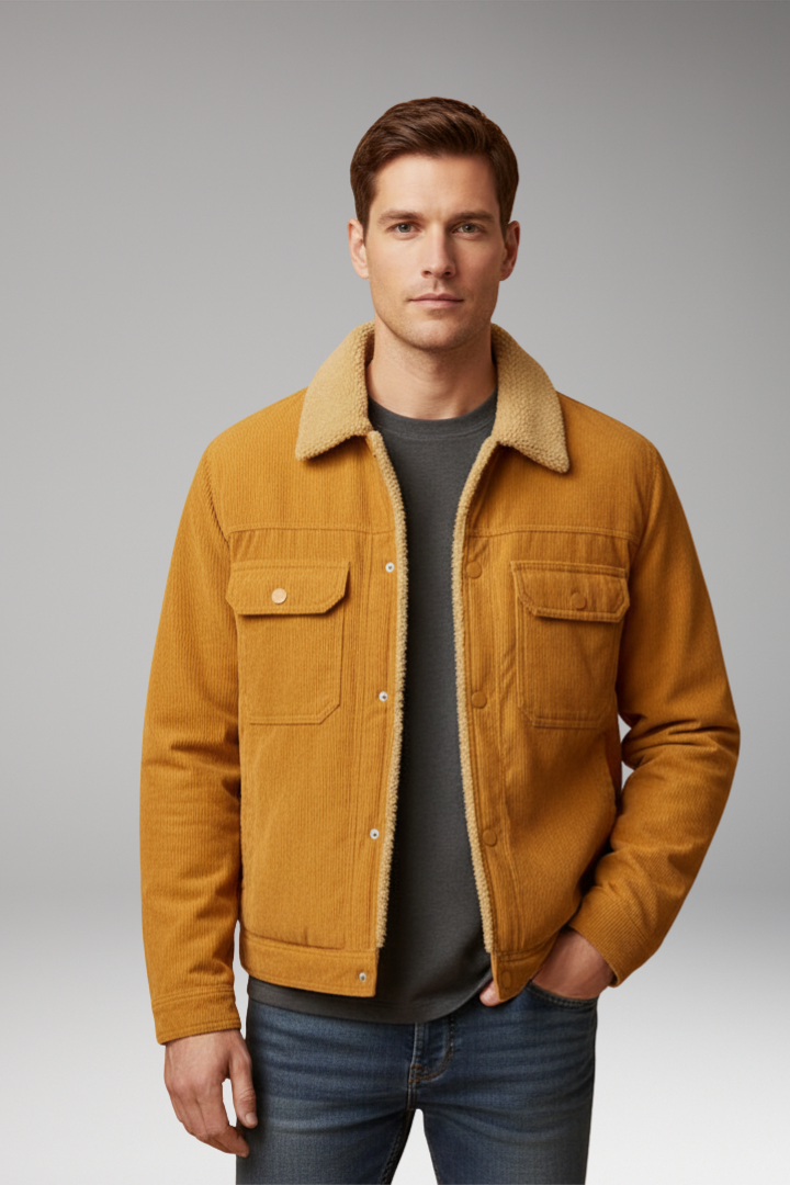Men’s Corduroy Jacket with Fleece Lining and Snap-Button Front