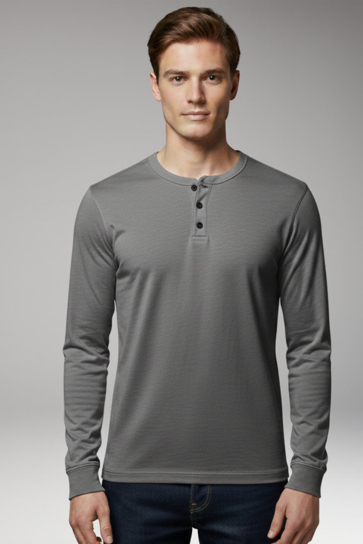 Men’s Henley Shirt with Three-Button Placket and Long Sleeves