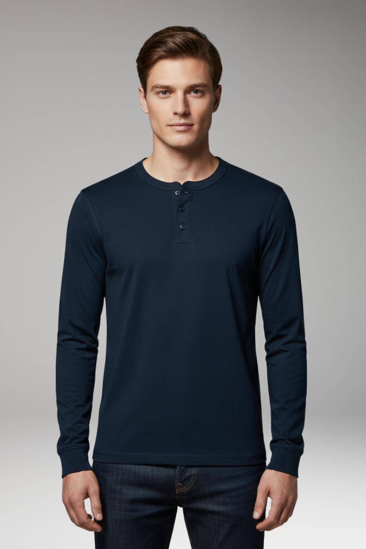 Men’s Henley Shirt with Three-Button Placket and Long Sleeves