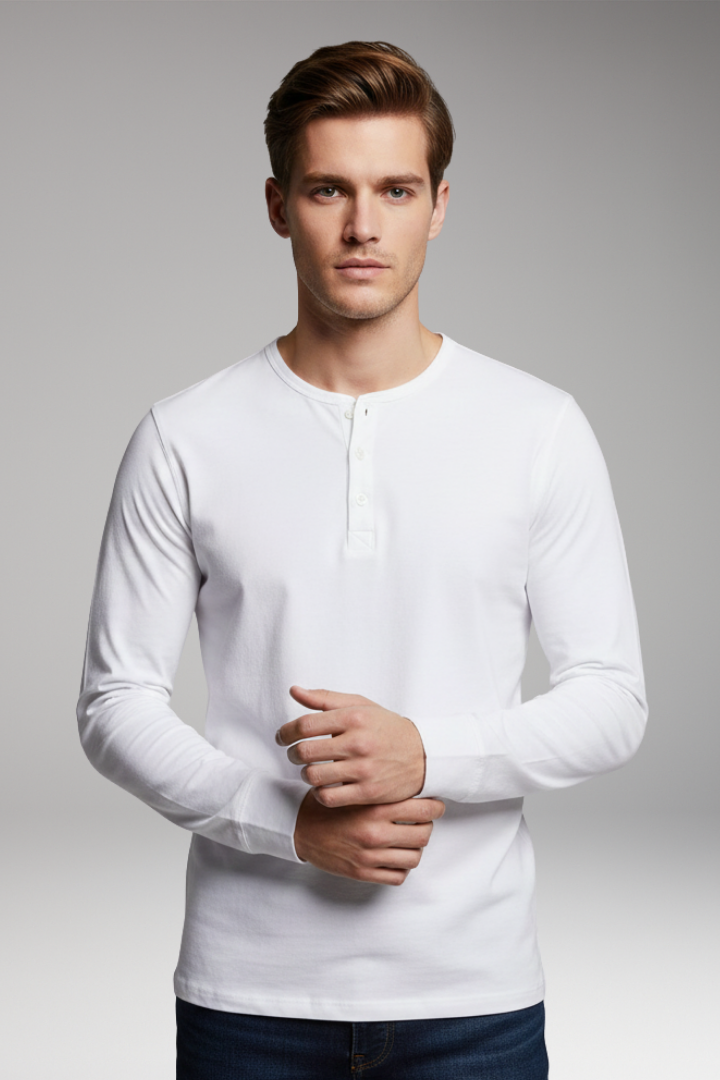 Men’s Henley Shirt with Three-Button Placket and Long Sleeves