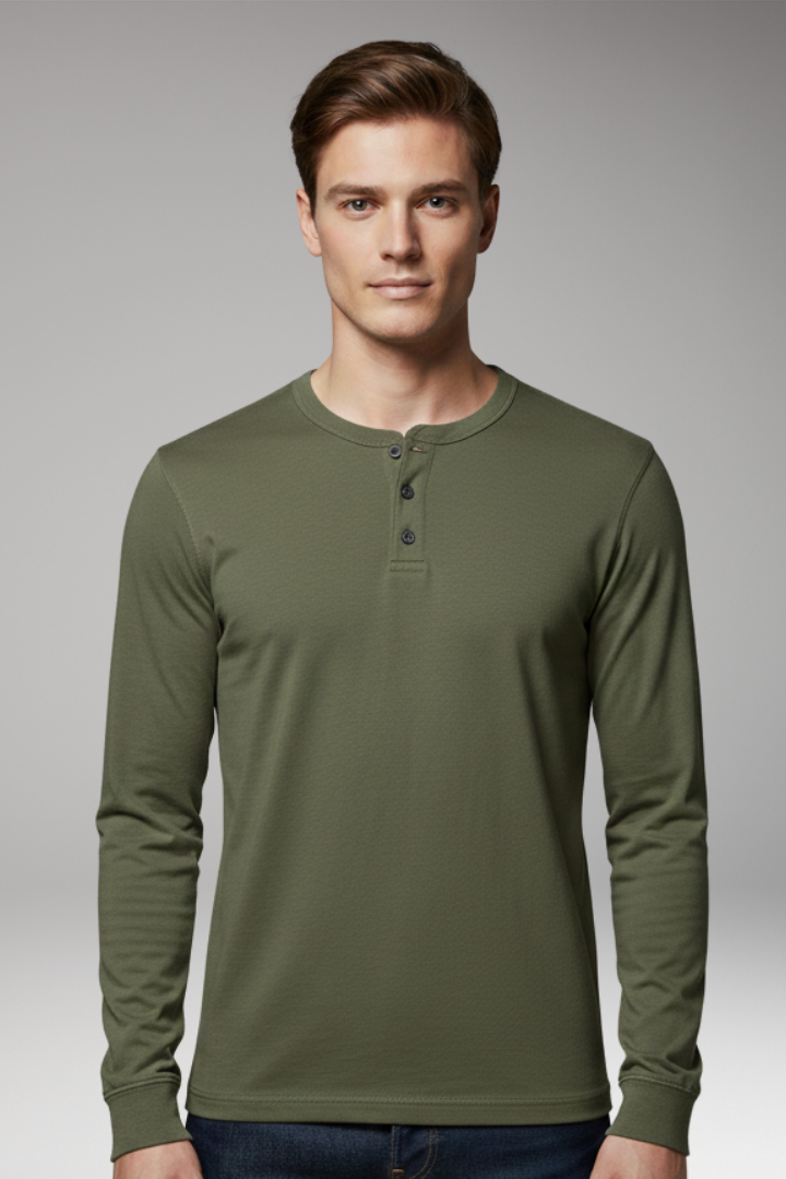 Men’s Henley Shirt with Three-Button Placket and Long Sleeves