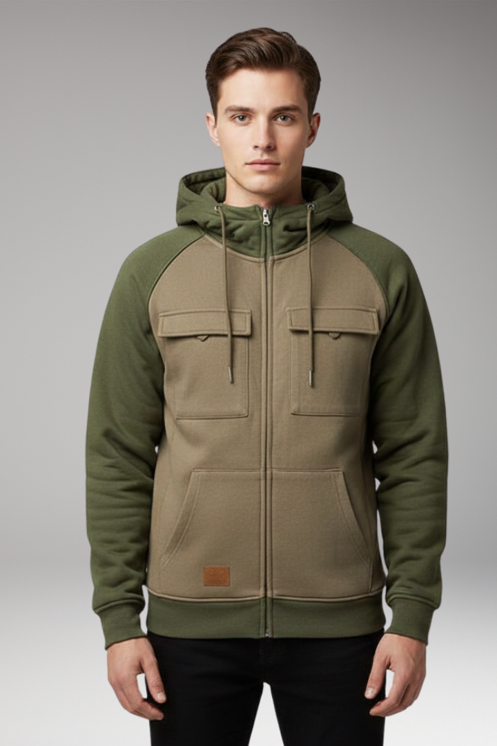 Men’s Hooded Sweatshirt Jacket with Raglan Sleeves and Zip Front