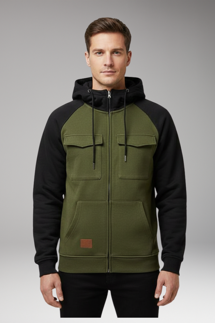 Men’s Hooded Sweatshirt Jacket with Raglan Sleeves and Zip Front