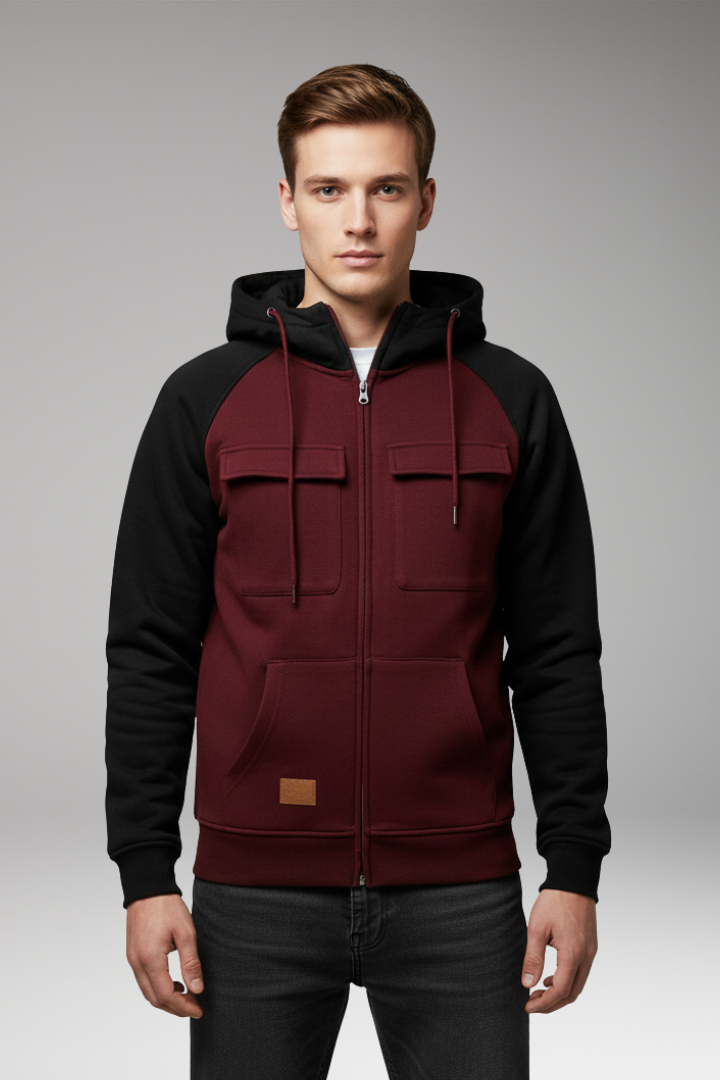 Men’s Hooded Sweatshirt Jacket with Raglan Sleeves and Zip Front