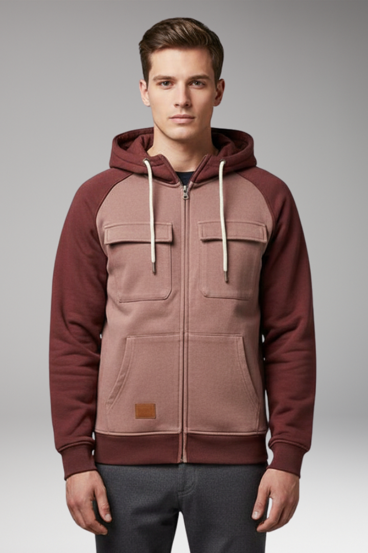 Men’s Hooded Sweatshirt Jacket with Raglan Sleeves and Zip Front