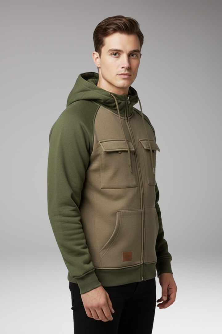 Men’s Hooded Sweatshirt Jacket with Raglan Sleeves and Zip Front