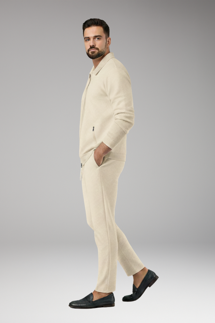 Men’s Jacket and Trousers Set with Lapel Collar and Waffle Surface