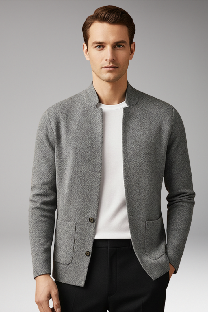 Men’s Knit Cardigan with Stand Collar and Two-Button Closure