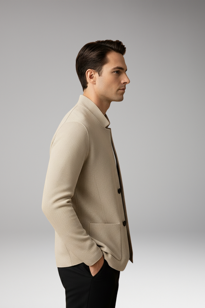 Men’s Knit Cardigan with Stand Collar and Two-Button Closure