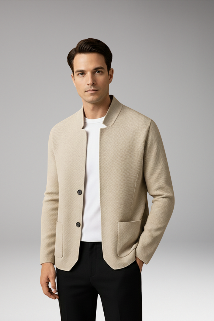 Men’s Knit Cardigan with Stand Collar and Two-Button Closure