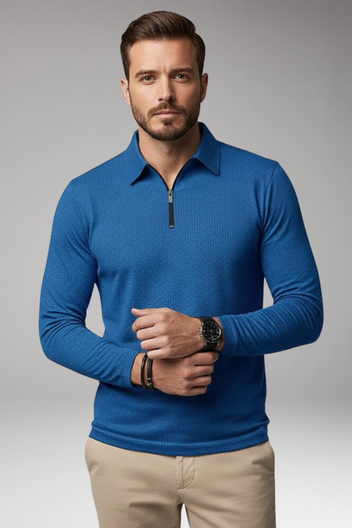 Men's Long-Sleeve Polo Shirt with Zip and Textured Surface