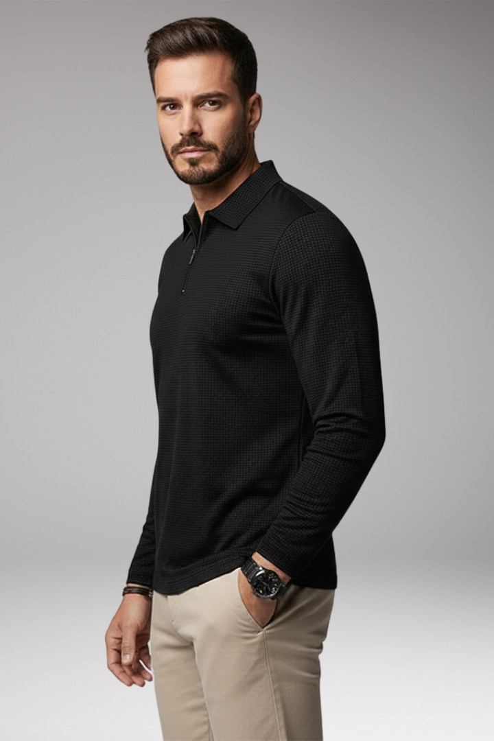 Men's Long-Sleeve Polo Shirt with Zip and Textured Surface