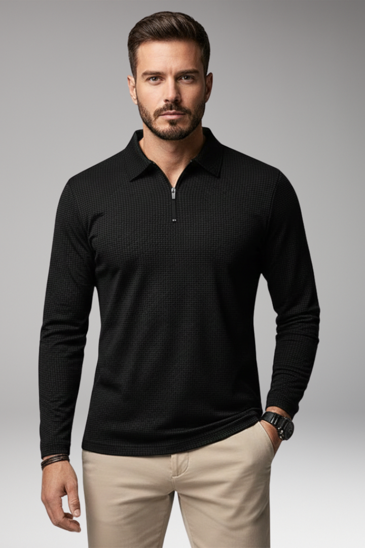 Men's Long-Sleeve Polo Shirt with Zip and Textured Surface