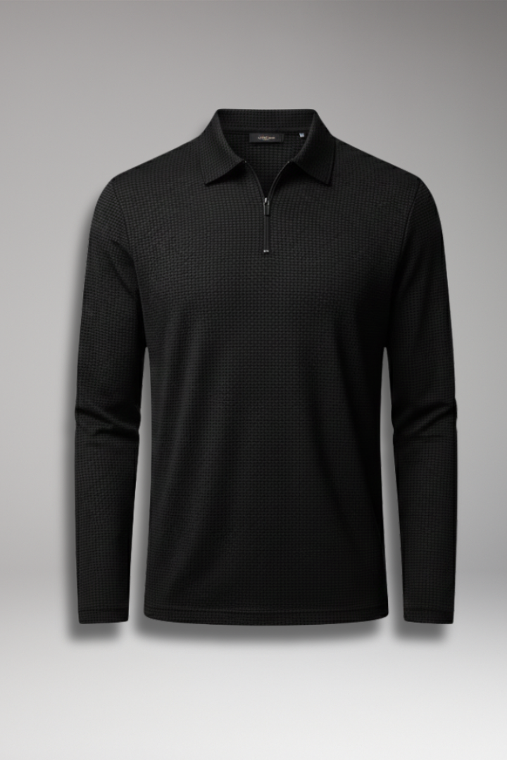 Men's Long-Sleeve Polo Shirt with Zip and Textured Surface