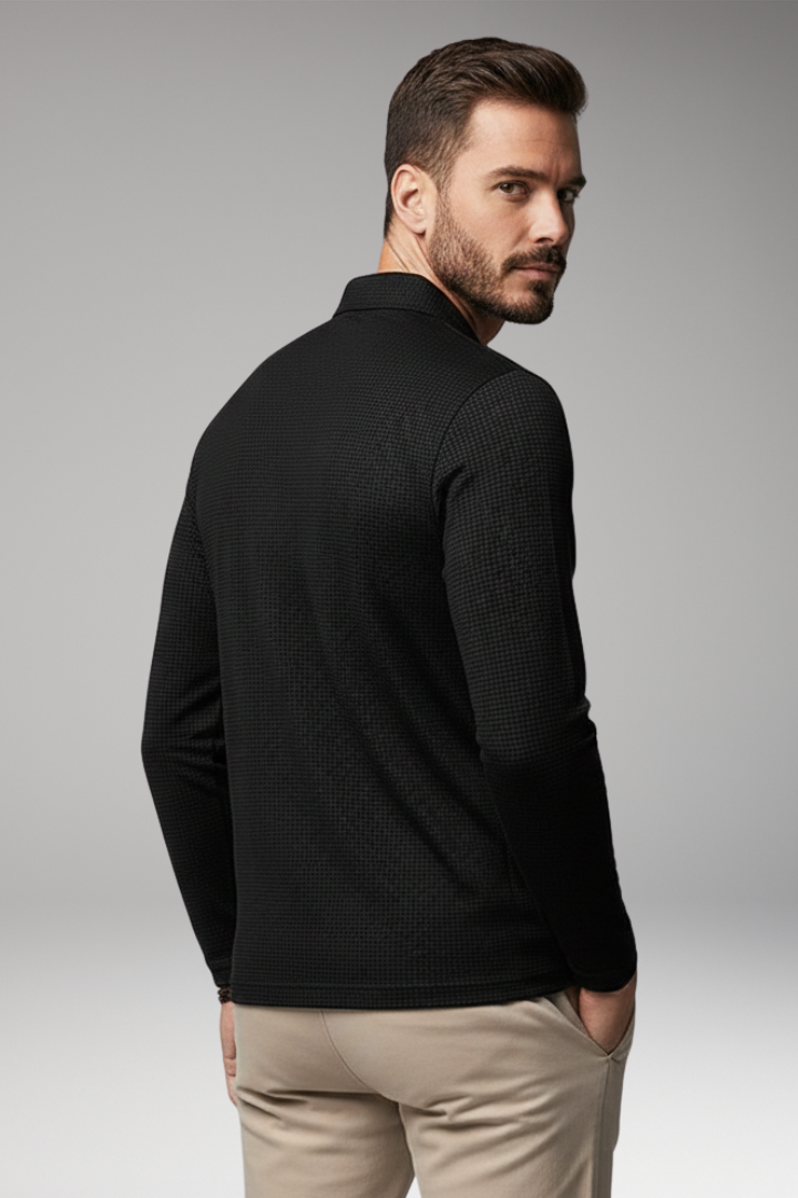 Men's Long-Sleeve Polo Shirt with Zip and Textured Surface