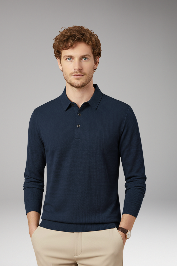 Men’s Long-Sleeve Polo with Textured Knit and Streamlined Cut