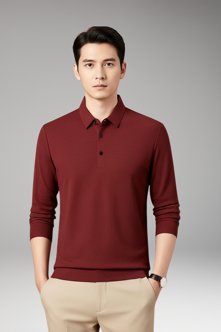 Men’s Long-Sleeve Polo with Textured Knit and Streamlined Cut