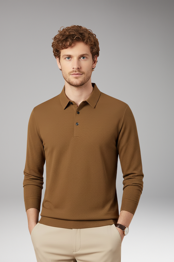 Men’s Long-Sleeve Polo with Textured Knit and Streamlined Cut