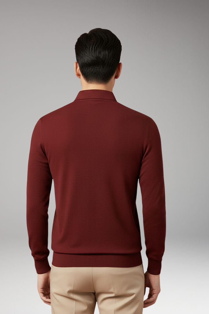Men’s Long-Sleeve Polo with Textured Knit and Streamlined Cut