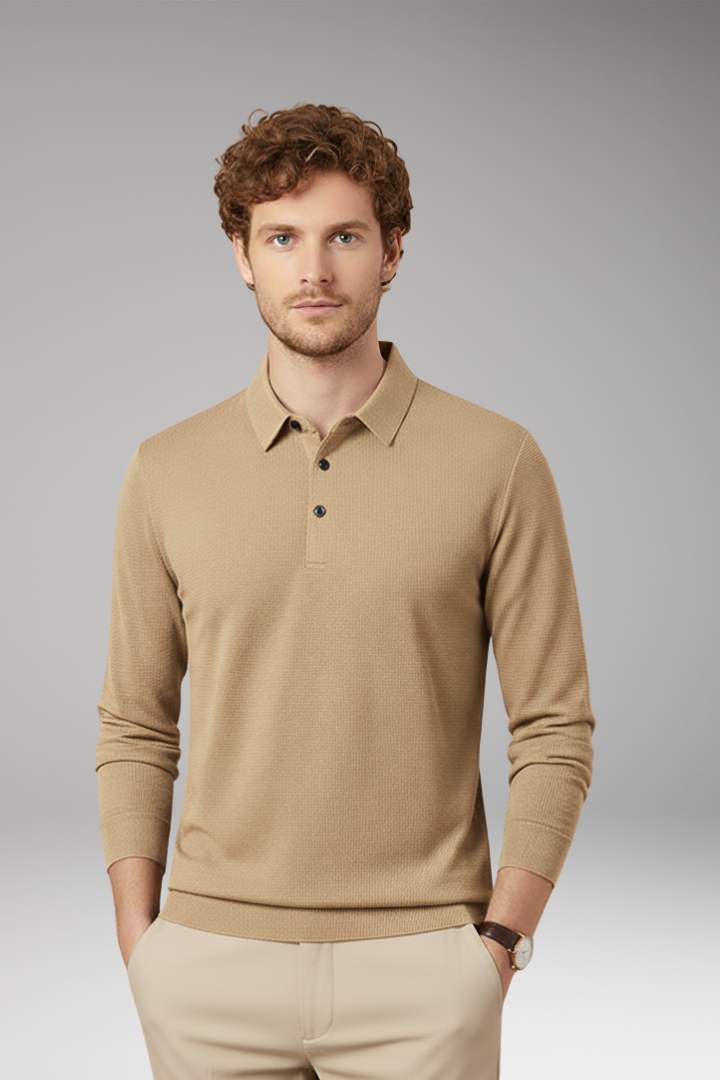 Men’s Long-Sleeve Polo with Textured Knit and Streamlined Cut