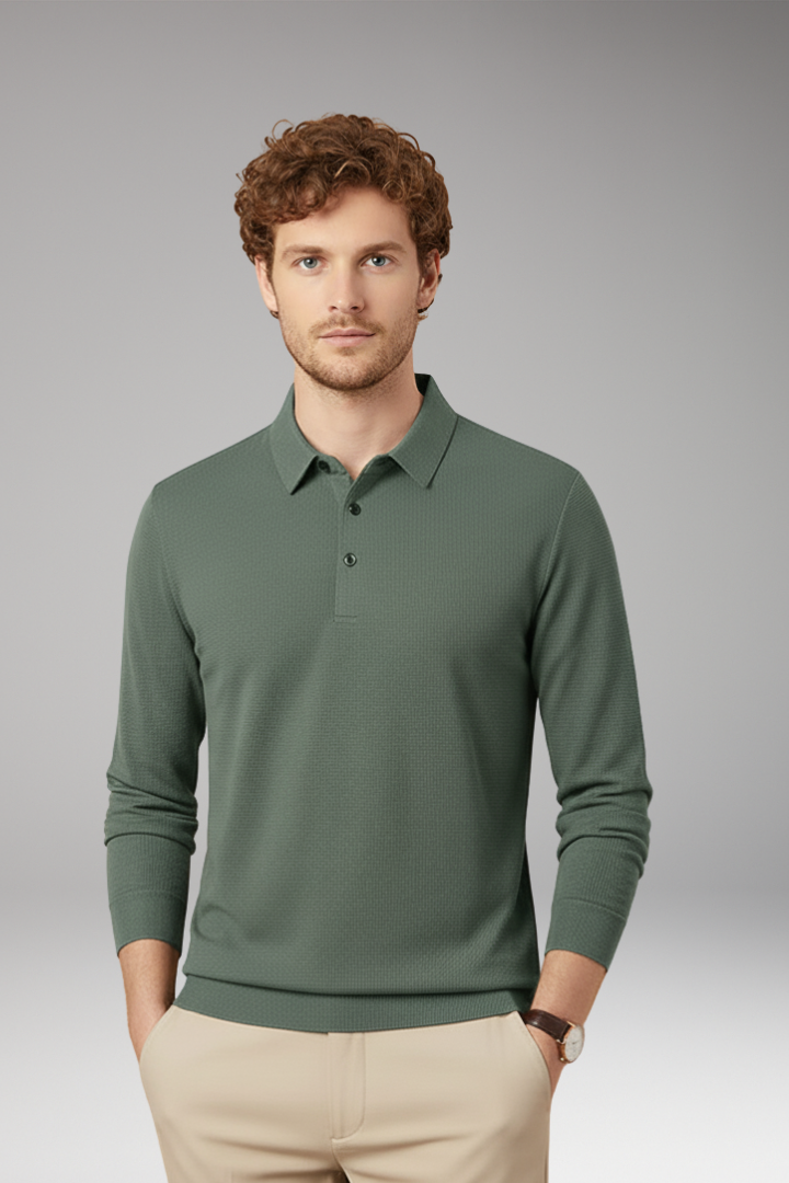 Men’s Long-Sleeve Polo with Textured Knit and Streamlined Cut