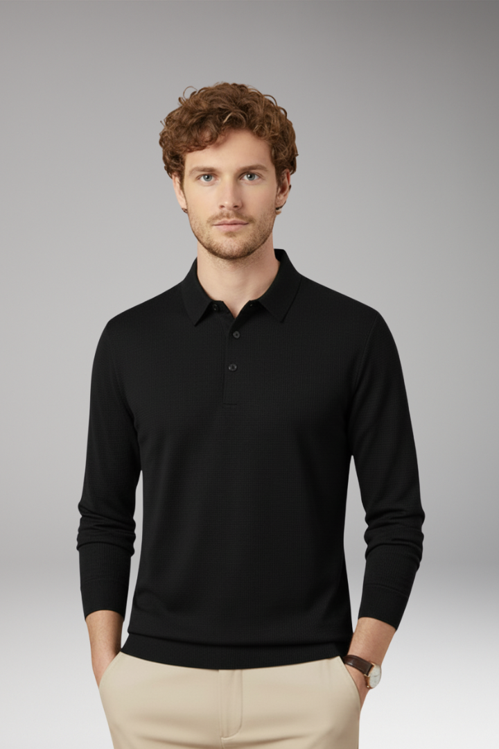 Men’s Long-Sleeve Polo with Textured Knit and Streamlined Cut