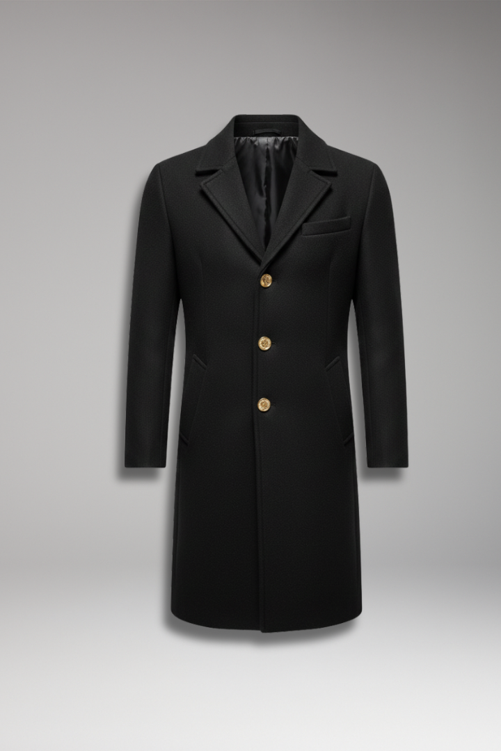 Men’s Long Coat with Lapel Collar and Front Button Closure